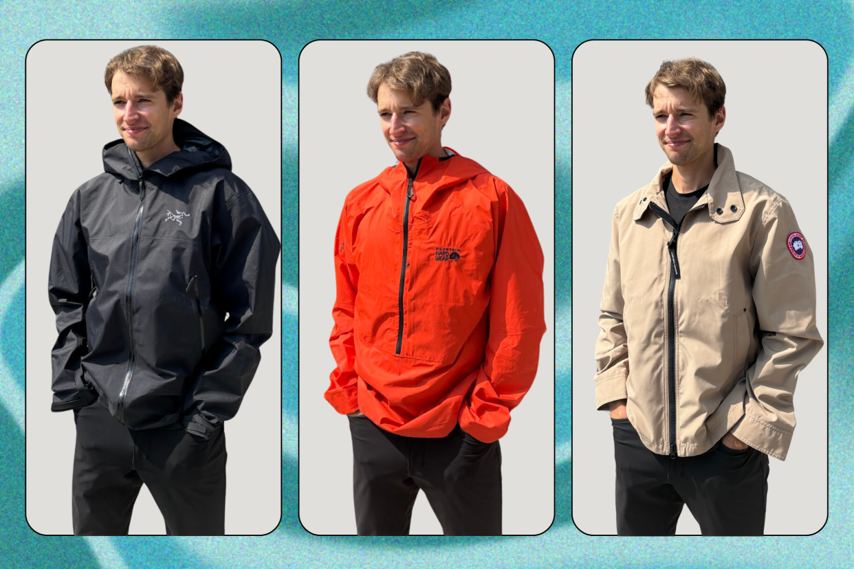 blonde man wearing black arc'teryx jacket, orange mountain hardwear jacket, tan canada goose jacket, best men's fall jackets on blue background