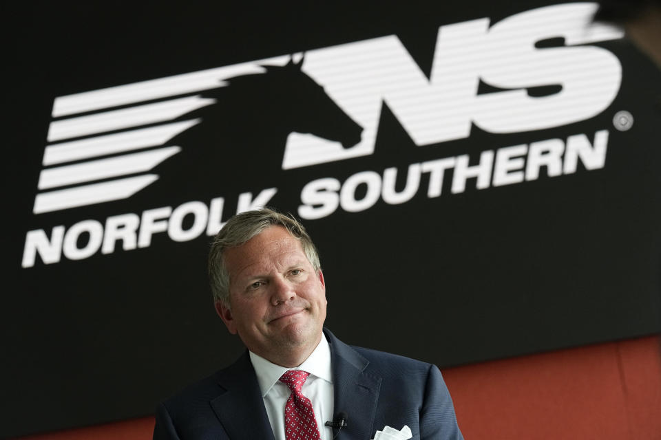 Norfolk Southern Railroad ceo Alan Shaw speaks during an interview Wednesday, June 21, 2023, in Atlanta. (AP Photo/John Bazemore)