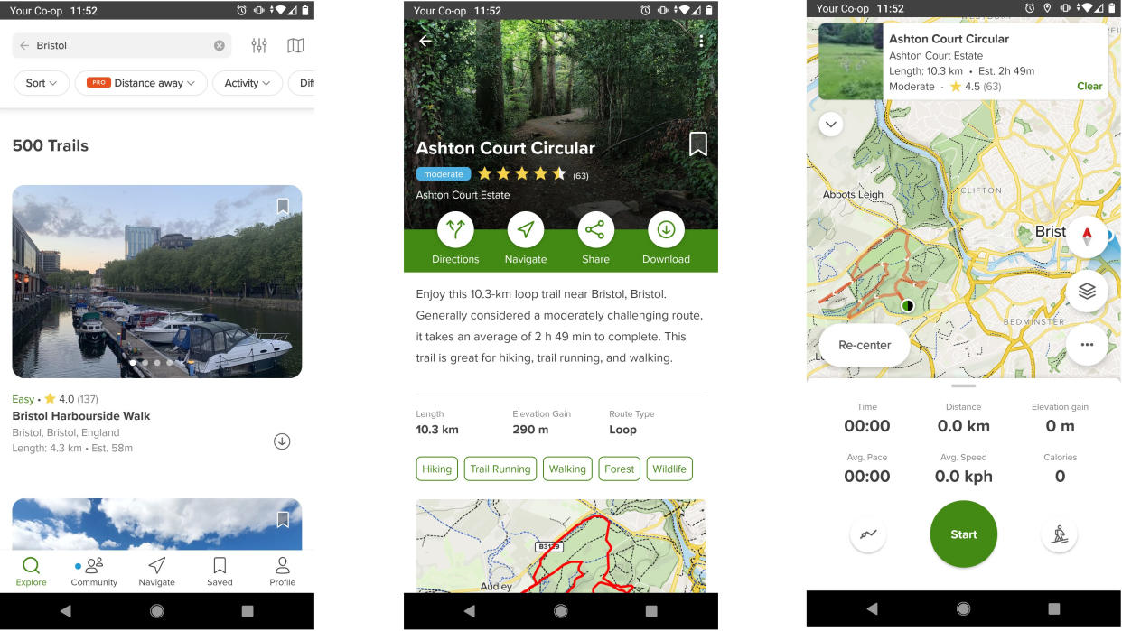  AllTrails navigation app screengrabs. 