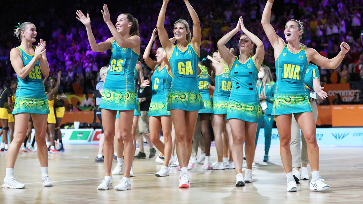 Australian players, pictured here celebrating after winning netball gold at the Commonwealth Games.