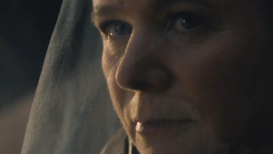 Emily Watson stares ahead with a grim face in Dune: Prophecy.