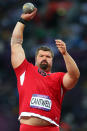 LONDON, ENGLAND - AUGUST 03: Christian Cantwell of the United States competes in the Men's Shot Put Final on Day 7 of the London 2012 Olympic Games at Olympic Stadium on August 3, 2012 in London, England. (Photo by Alexander Hassenstein/Getty Images)