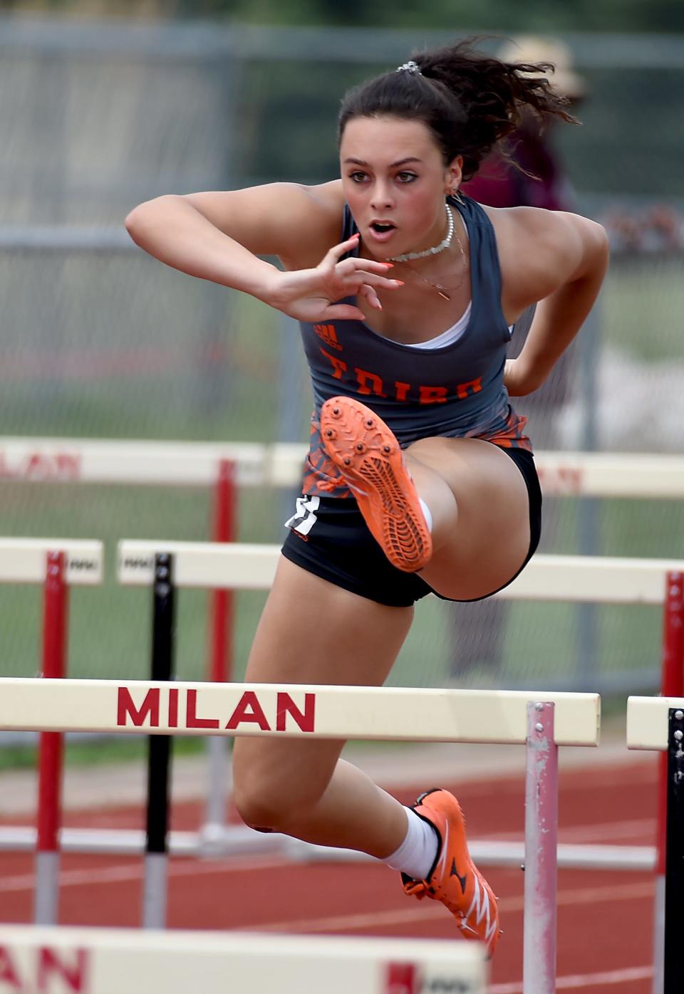 Brianna Rhodea of Tecumseh took second place in the 100m hurdles at the D2 Regional at Milan Friday, May 20, 2022.