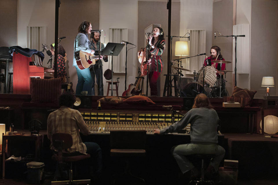 This image released by O&M/DKC shows the musicians during a performance of "Stereophonic" on Broadway, in New York, April, 1, 2024. (Julieta Cervantes/O&M/DKC via AP)