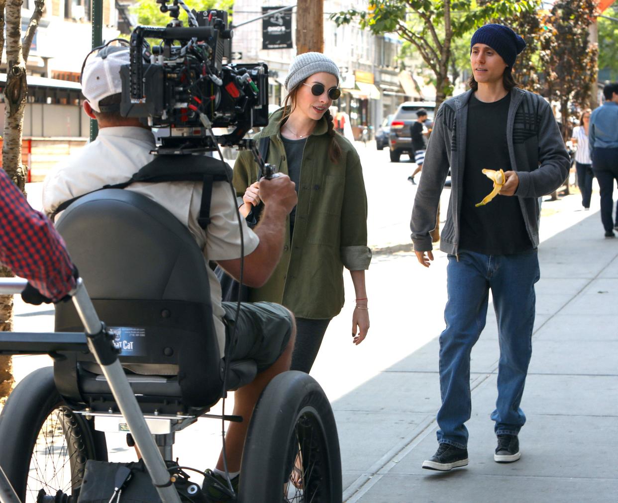 Anne Hathaway and Jared Leto are seen at the set of the TV series "WeCrashed" on May 25, 2021, in New York City.