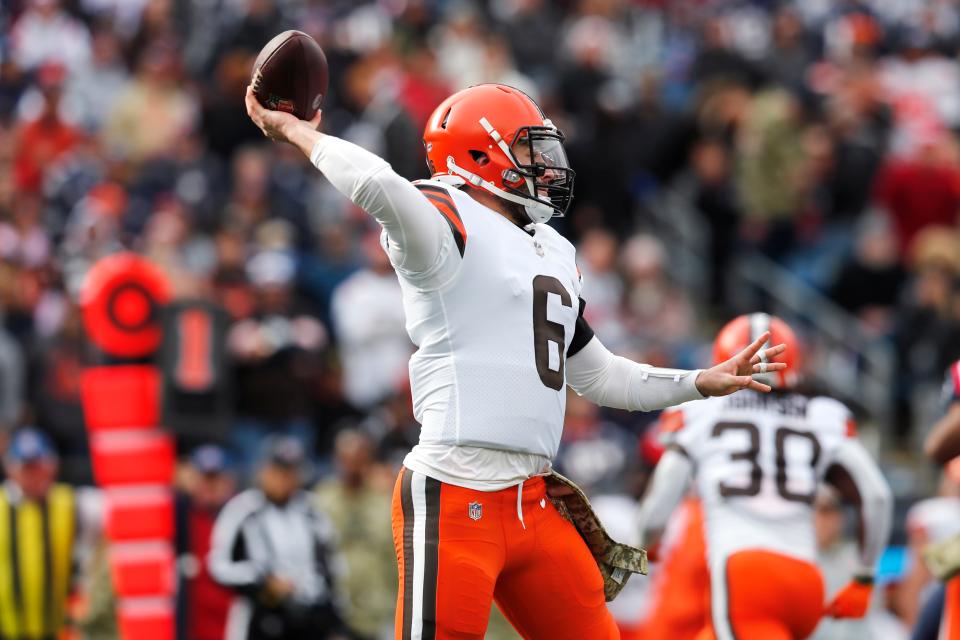 Cleveland Browns quarterback Baker Mayfield (6) throws a pass during the first half of an NFL football game against the New England Patriots, Sunday, Nov. 14, 2021, in Foxborough, Mass. (AP Photo/Michael Dwyer)