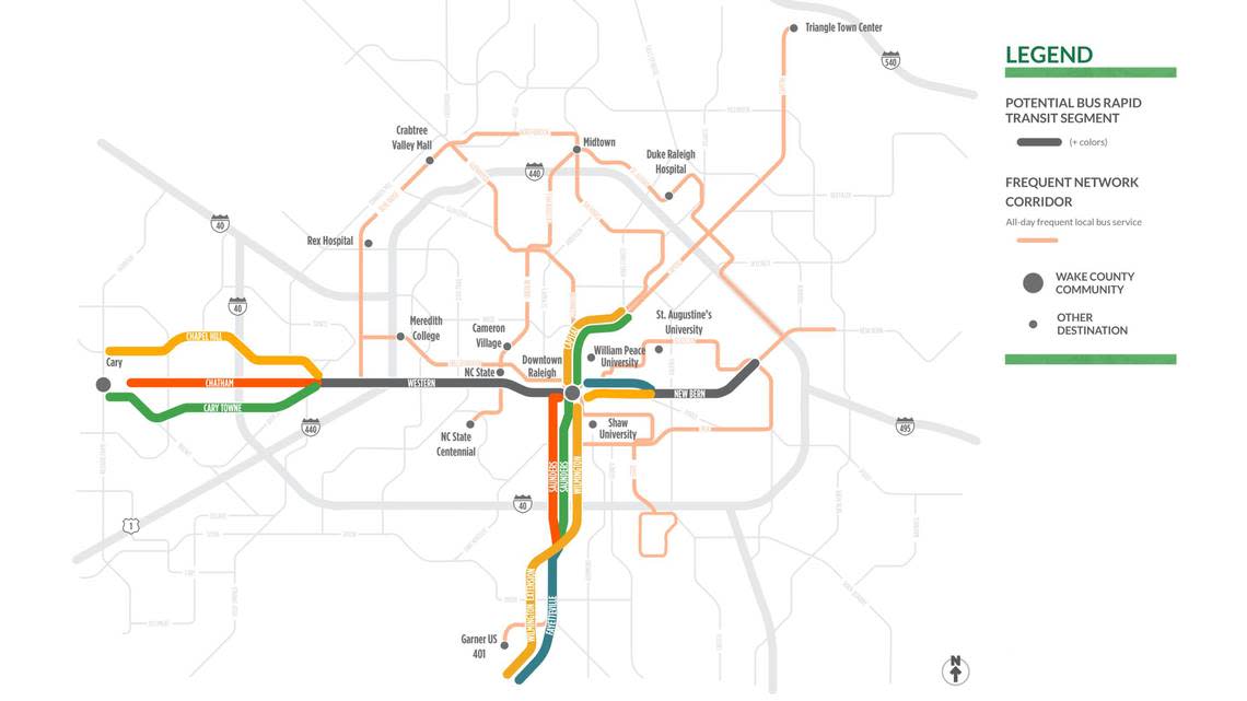 The Wake Transit Plan calls for building four bus rapid transit lines that radiate from downtown. Construction of the first, along New Bern Avenue on the city’s east side, gets started this winter.
