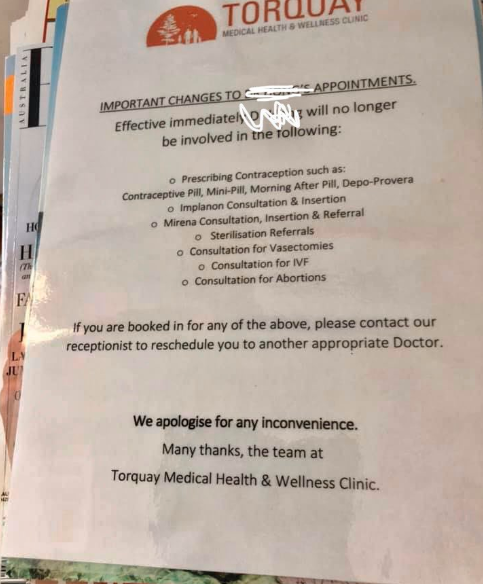 Pictured is the sign informing patients of changes to Dr Hong Nguyen's consultations at the Torquay Medical Health and Wellness Clinic. 