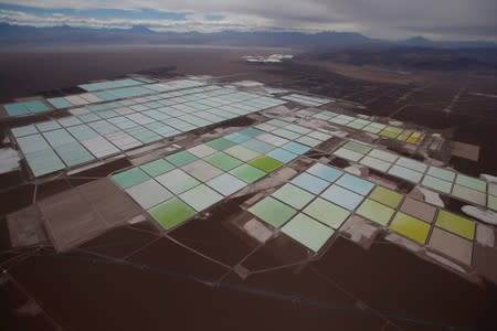 FILE PHOTO: An aerial view shows the brine pools of SQM lithium mine on the Atacama salt flat in the Atacama desert of northern Chile