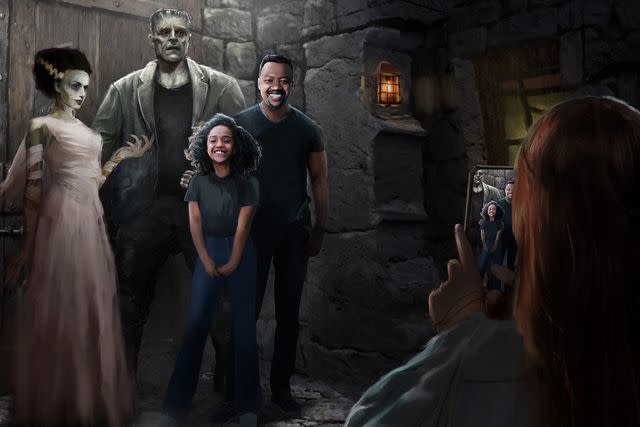<p>Courtesy of Universal</p> Bride of Frankenstein and Frankenstein's Monster meet guests in concept art for Dark Universe at Universal Epic Universe