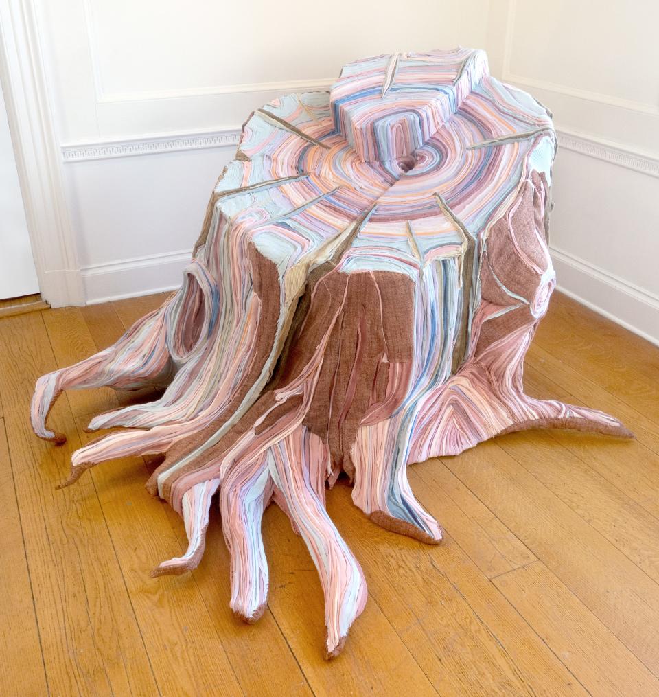 Tamara Kostianovsky (Argentine, b. Israel, 1974), Red Wood, 2018. Discarded clothing, 59 by 40 by 62 inches. (Photo by Roni Moca)