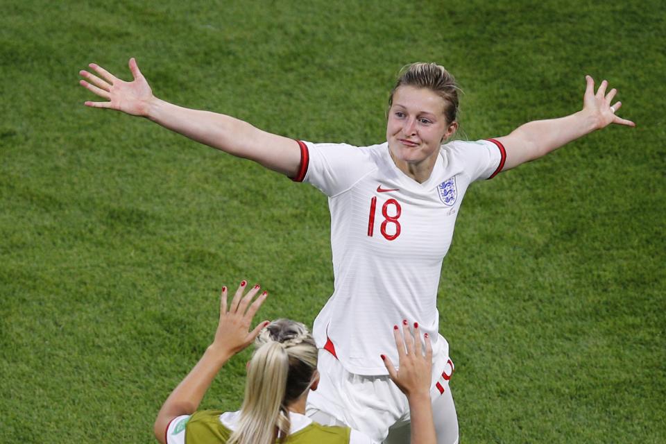 England's Ellen White celebrates after scoring her side's first goal during the Women's World Cup semifinal soccer match between England and the United States, at the Stade de Lyon outside Lyon, France, Tuesday, July 2, 2019. (AP Photo/Francois Mori)