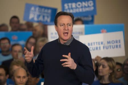 Britain's Prime Minister and Conservative political party leader David Cameron delivers a speech to supporters in north London March 7, 2015. REUTERS/Neil Hall