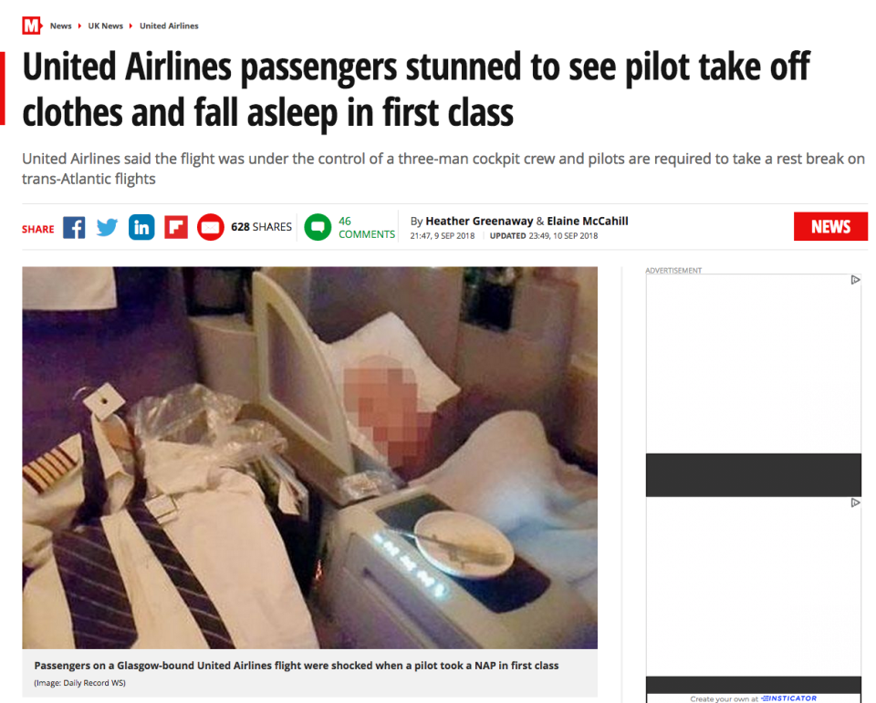 Imagen de la noticia del Daily Mirror con el piloto durmiendo