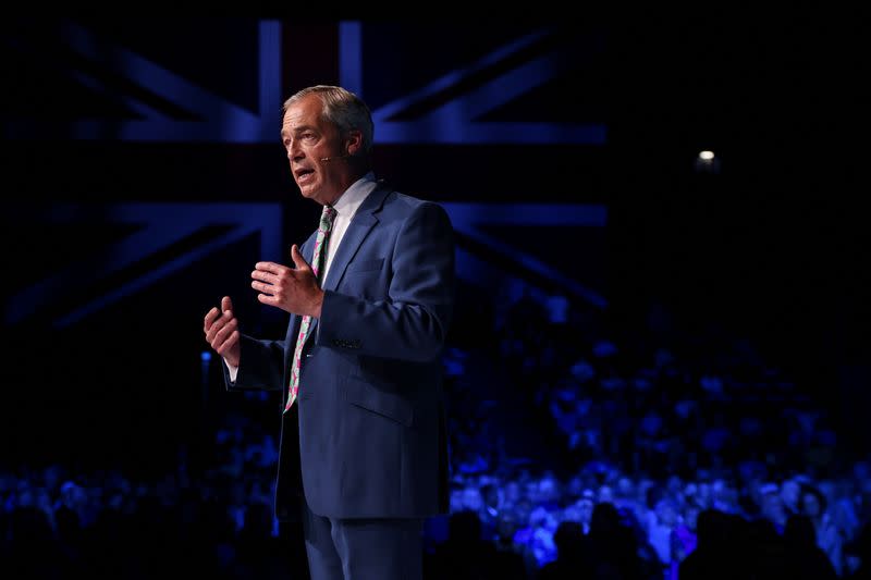 Britain's Reform UK Party Leader Nigel Farage holds a rally at the NEC in Birmingham