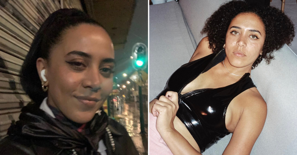 Two photos of The Saddle Club's Keenan MacWilliam as she is today; at left she has her hair tied back and at right she is lying down wearing a black wet-look crop top.