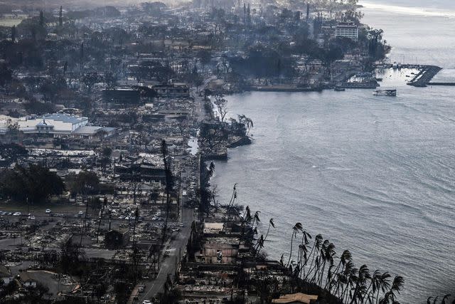 <p>PATRICK T. FALLON/AFP via Getty</p> An aerial view shows destroyed homes and buildings that burned to the ground around the harbor and Front Street in the historic Lahaina town in the aftermath of wildfires.