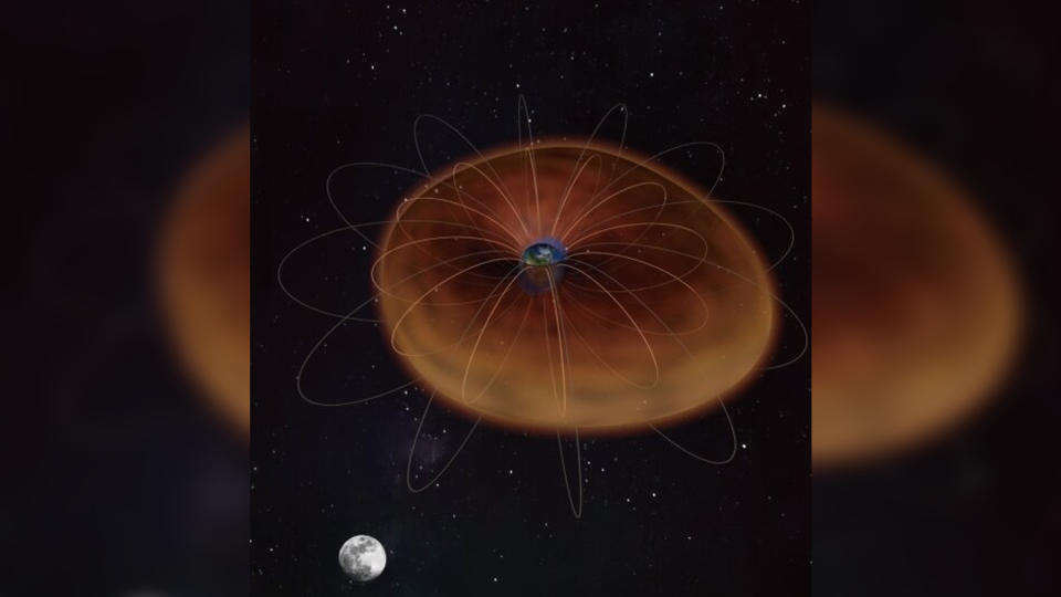 An image of the Earth and moon comparing ocean tides  (shown as a small blue ring) to plasmasphere tides (shown as a large orange ring)