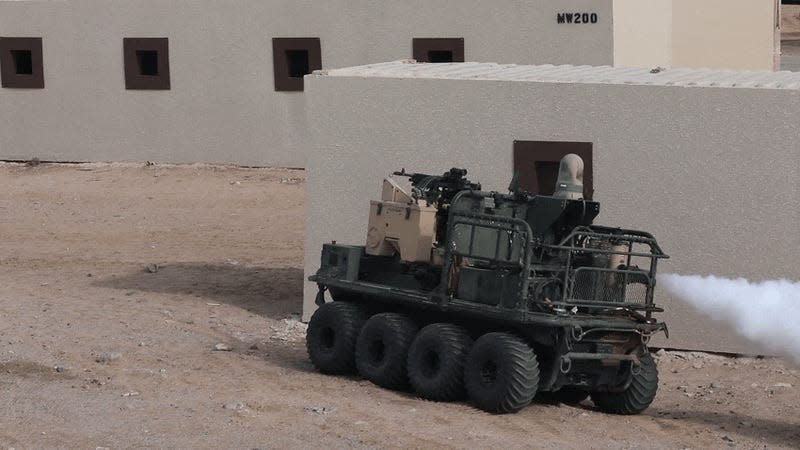 The unmanned Small Multi-purpose Equipment Transport being demonstrated by the U.S. Army at Fort Irwin, California.<br> - Gif: U.S. Army video by Spc. Samarion Hicks