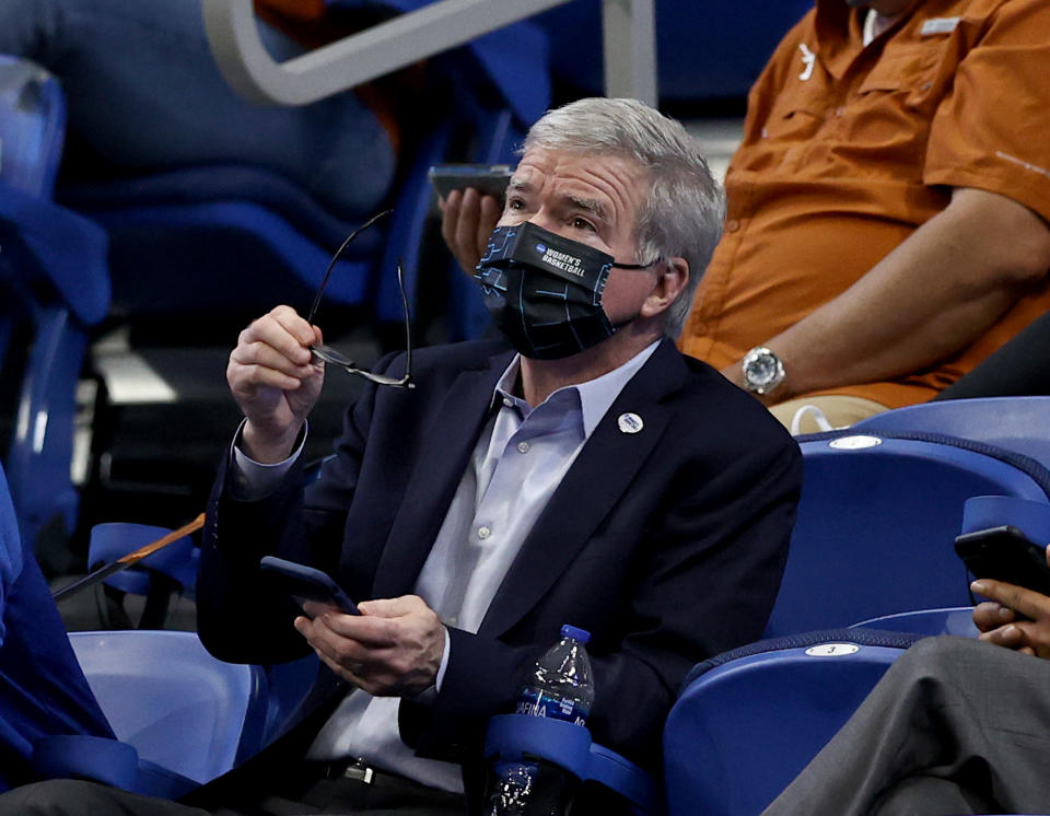 NCAA president Mark Emmert attends the game between Texas and South Carolina during the Elite Eight of the NCAA women's basketball tournament on March 30. (Elsa/Getty Images)