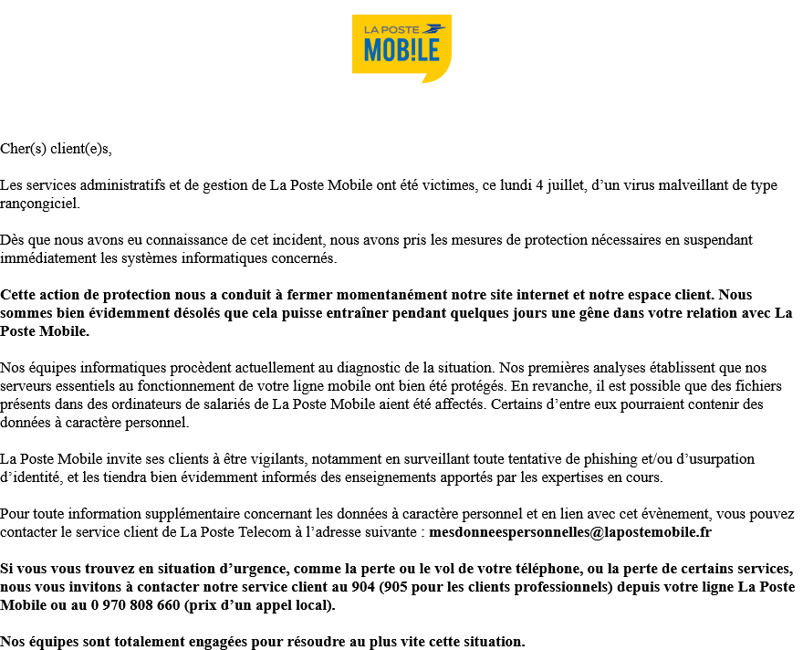 La Poste Mobile rançongiciel