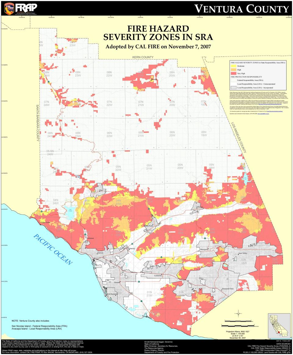 This California Department of Forestry and Fire Prevention map shows Fire Hazard Severity Zones in Ventura County.