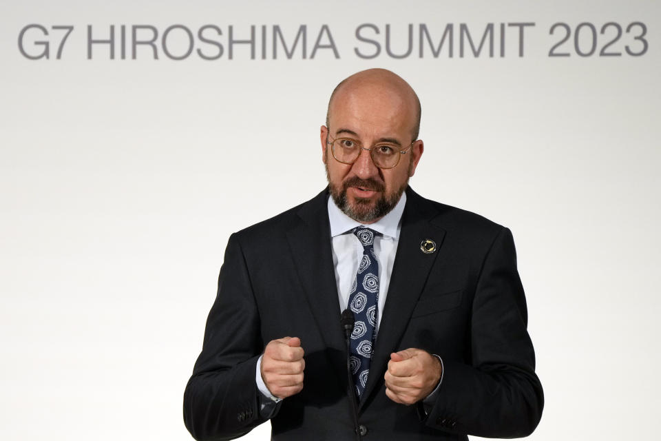 FILE - European Council President Charles Michel speaks during a press conference ahead of the Group of Seven (G-7) nations' meetings on May 19, 2023, in Hiroshima, western Japan. The Group of Seven advanced economies are expected to announce a new set of sanctions against Russia to try to further hinder its war effort in Ukraine during their summit in Hiroshima, Japan. (AP Photo/Eugene Hoshiko, File)