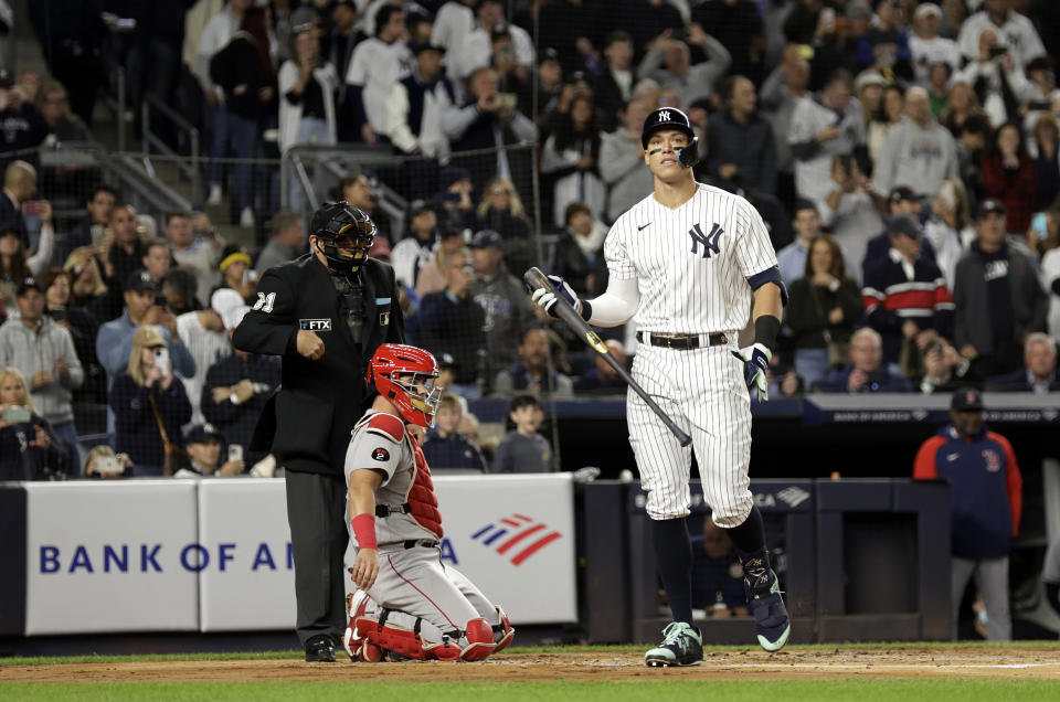 New York Yankees' Aaron Judge reacts after striking out during the first inning of the team's baseball game against the Boston Red Sox on Friday, Sept. 23, 2022, in New York. (AP Photo/Adam Hunger)