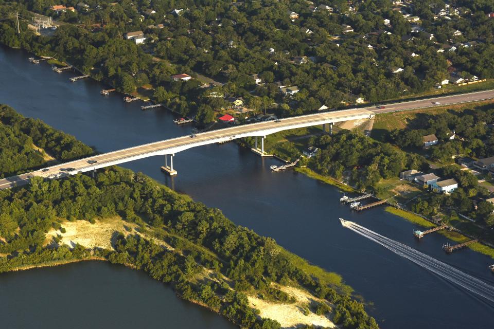 Aerial photo of the new Oak Island Bridge from August 2018.