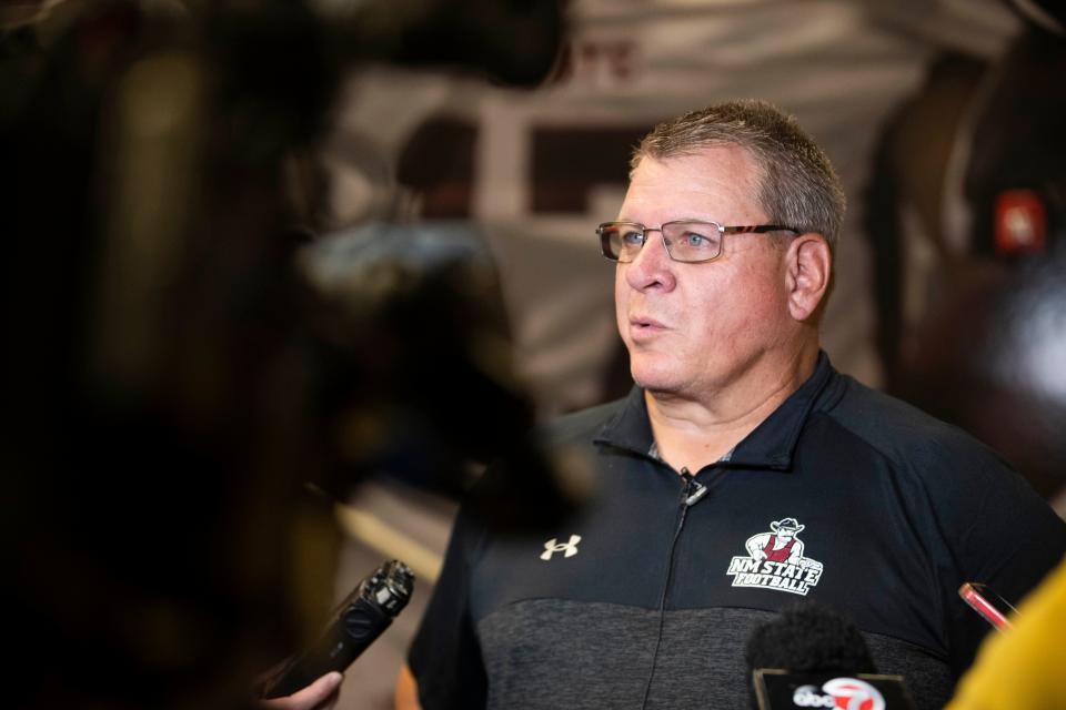 NMSU Assistant Head Coach/Offensive Coordinator Tim Beck speaks to media outlets during New Mexico State football media day on Wednesday, July 27, 2022.<br>Nmsu Football Media Day