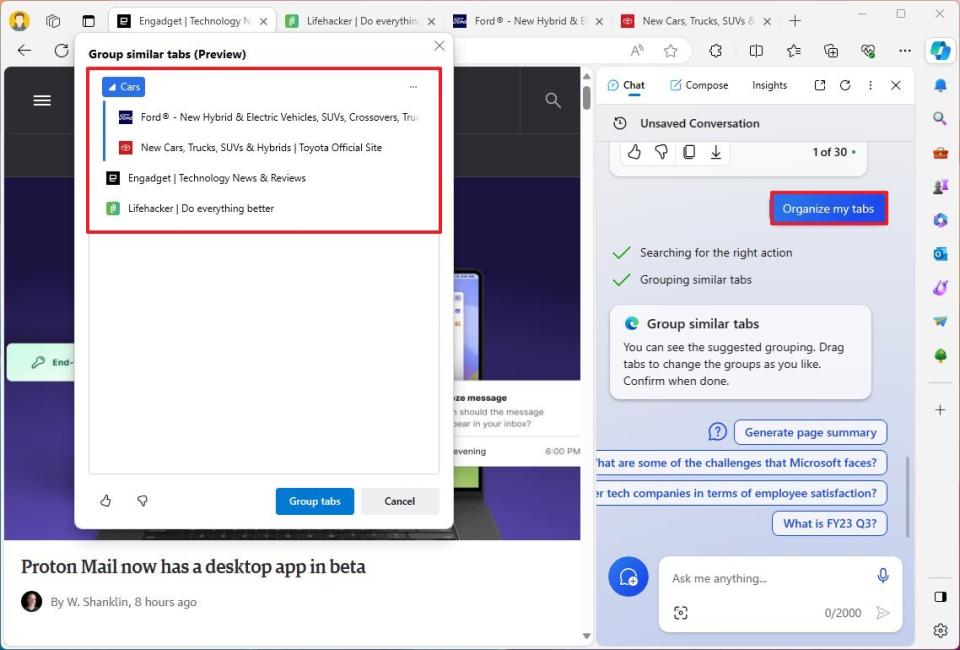 Edge Copilot organize tabs