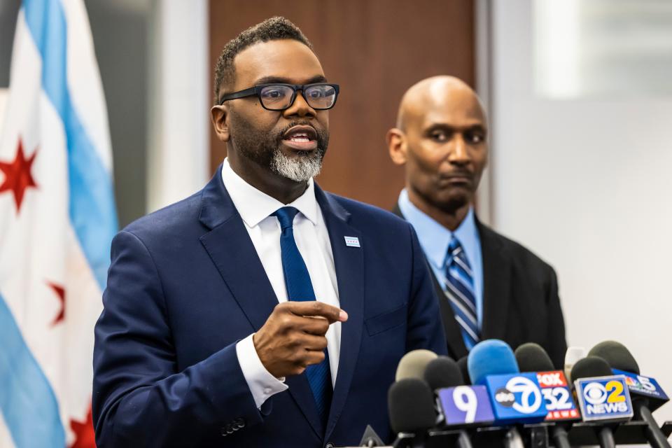 Mayor-elect Brandon Johnson speaks during a news conference in Chicago, on Wednesday, May 3, 2023.