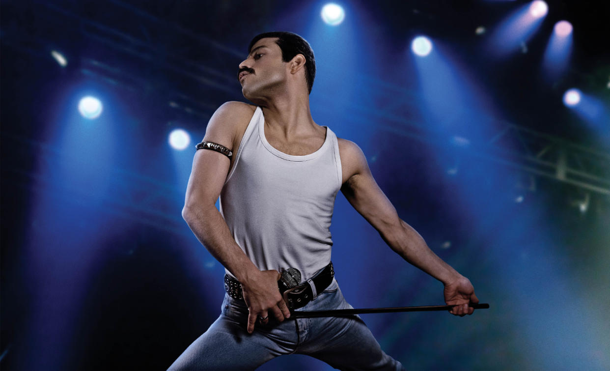 Rami Malek portrays iconic Queen frontman Freddie Mercury in the Oscar-winning biopic ‘Bohemian Rhapsody’ (Credit: 20th Century Fox)