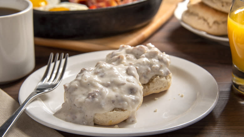 Biscuits and gravy on plate