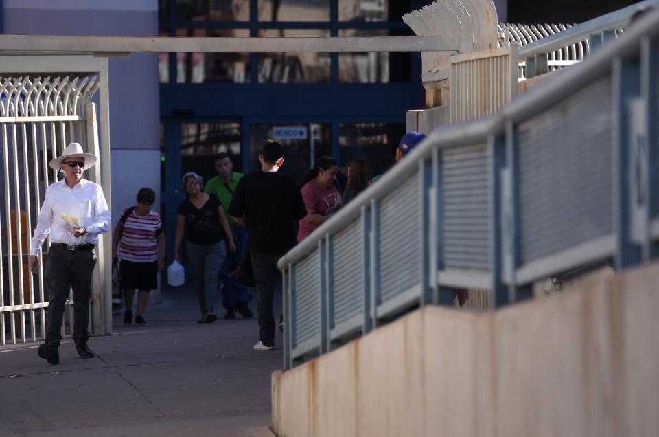 People cross the U.S. Customs and Border Protection Dennis DeConcini Port of Entry in Nogales, Arizona, at the U.S.-Mexico Border on June 9, 2023.