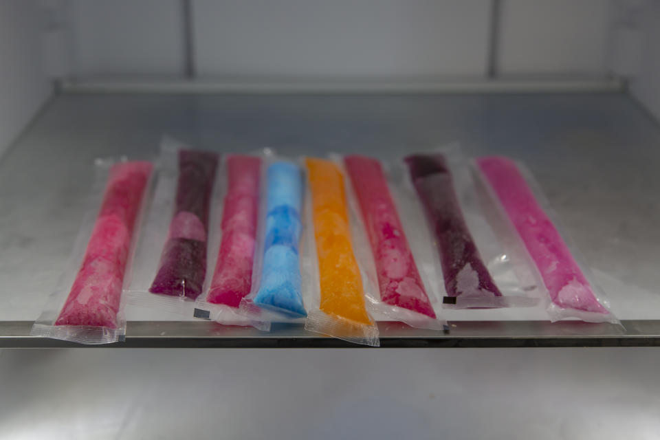 Flavoured ice treats in the freezer.