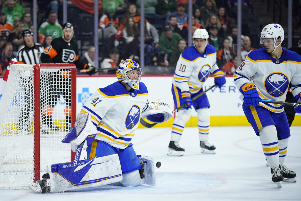 Buffalo Sabres' Craig Anderson (41) cannot stop a goal by Philadelphia Flyers' Owen Tippett during the second period of an NHL hockey game, Friday, March 17, 2023, in Philadelphia. (AP Photo/Matt Slocum)