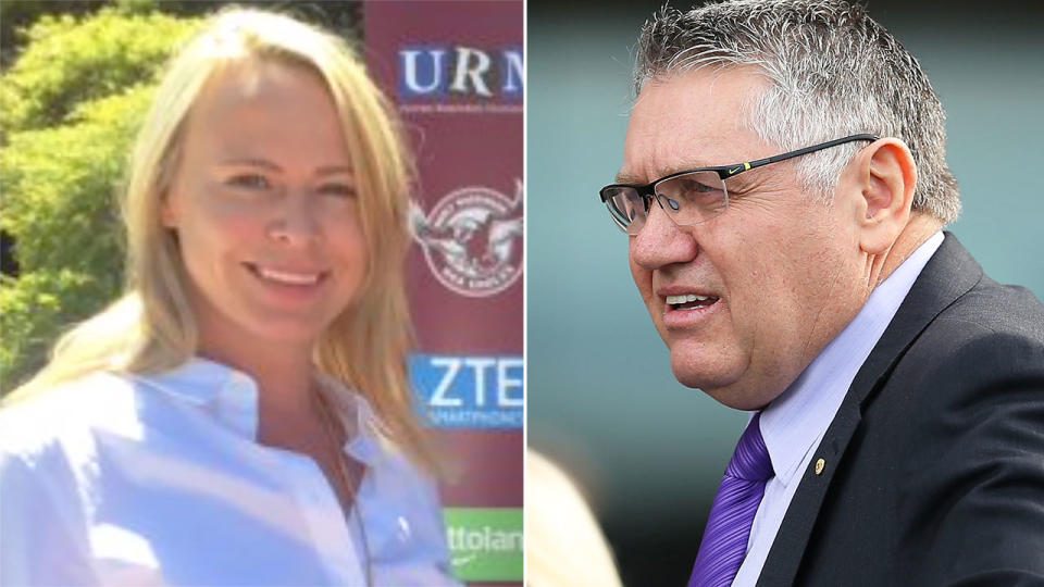 Pictured left is former Manly staffer Kristie Fulton and broadcaster Ray Hadley on the right.