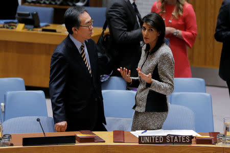 United States ambassador to the United Nations (UN) Nikki Haley speaks with South Korean ambassador to the United Nations (UN) Cho Tae-yul before a meeting of the UN Security Council to discuss a North Korean missile launch at UN headquarters in New York, U.S., November 29, 2017. REUTERS/Lucas Jackson