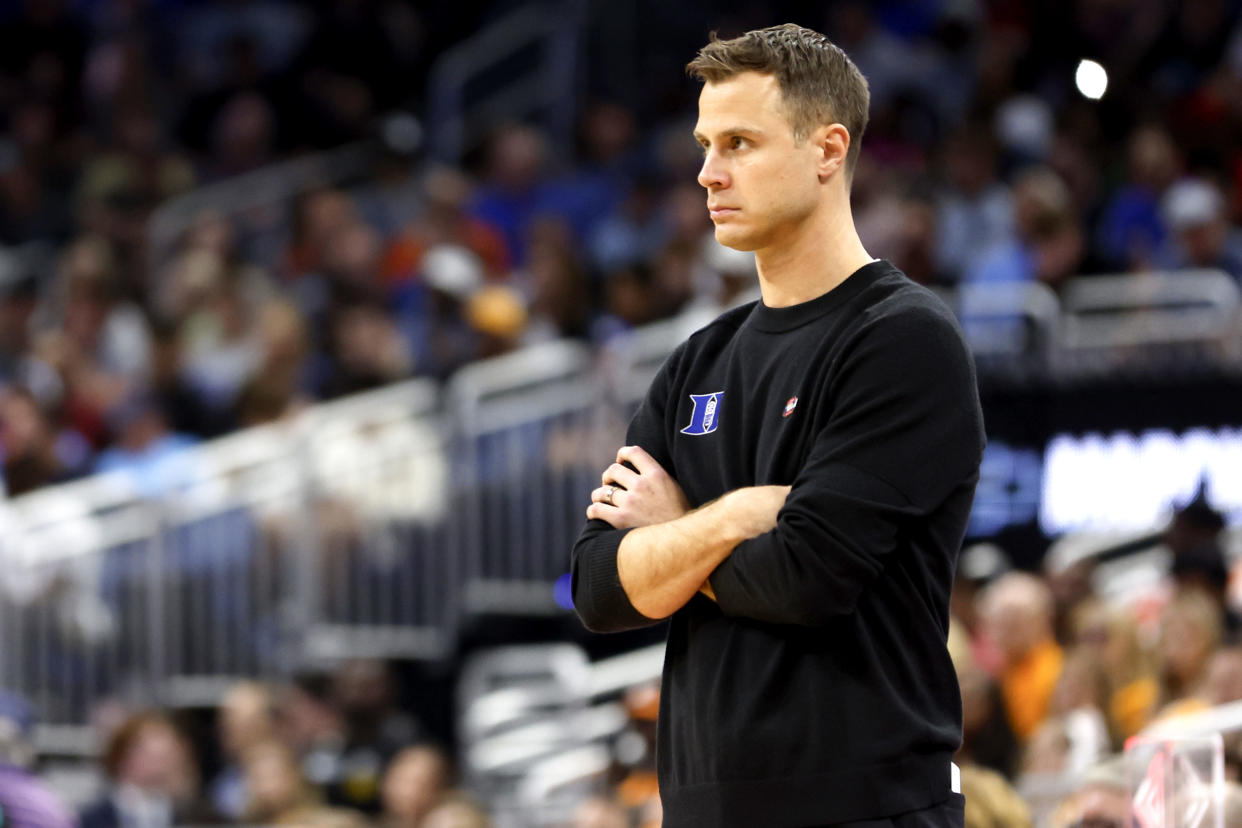 ORLANDO, FLORIDA - MARCH 18: Head coach Jon Scheyer of the Duke Blue Devils looks on against the Tennessee Volunteers during the first half in the second round of the NCAA Men's Basketball Tournament at Amway Center on March 18, 2023 in Orlando, Florida. (Photo by Mike Ehrmann/Getty Images)