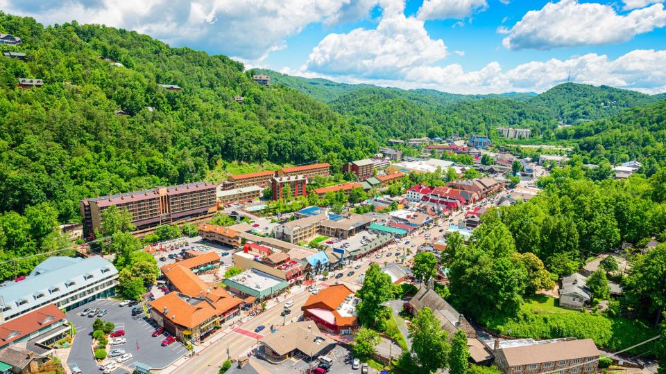 Downtown viewed from above in the summer season in Gaitlinburg, TN