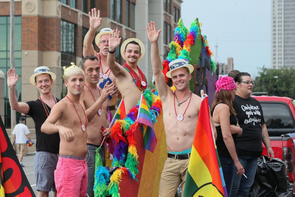 Tryangles float participants during the 15th annual Kentuckiana Pride Parade in Louisville. June 19, 2015