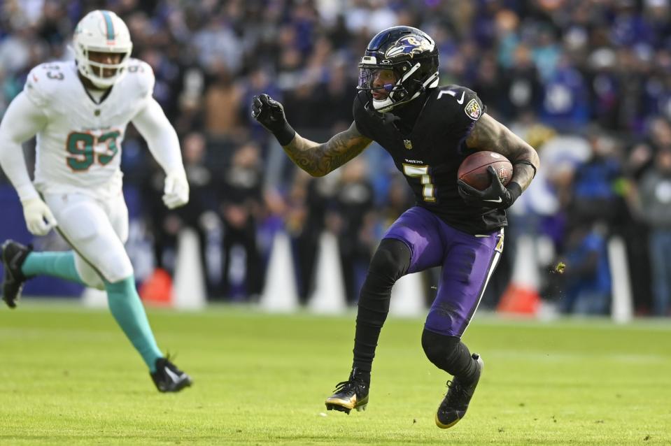 Dec 31, 2023; Baltimore, Maryland, USA; Baltimore Ravens wide receiver Rashod Bateman (7) runs after the catch during the first quarter against the Miami Dolphins at M&T Bank Stadium. Mandatory Credit: Tommy Gilligan-USA TODAY Sports