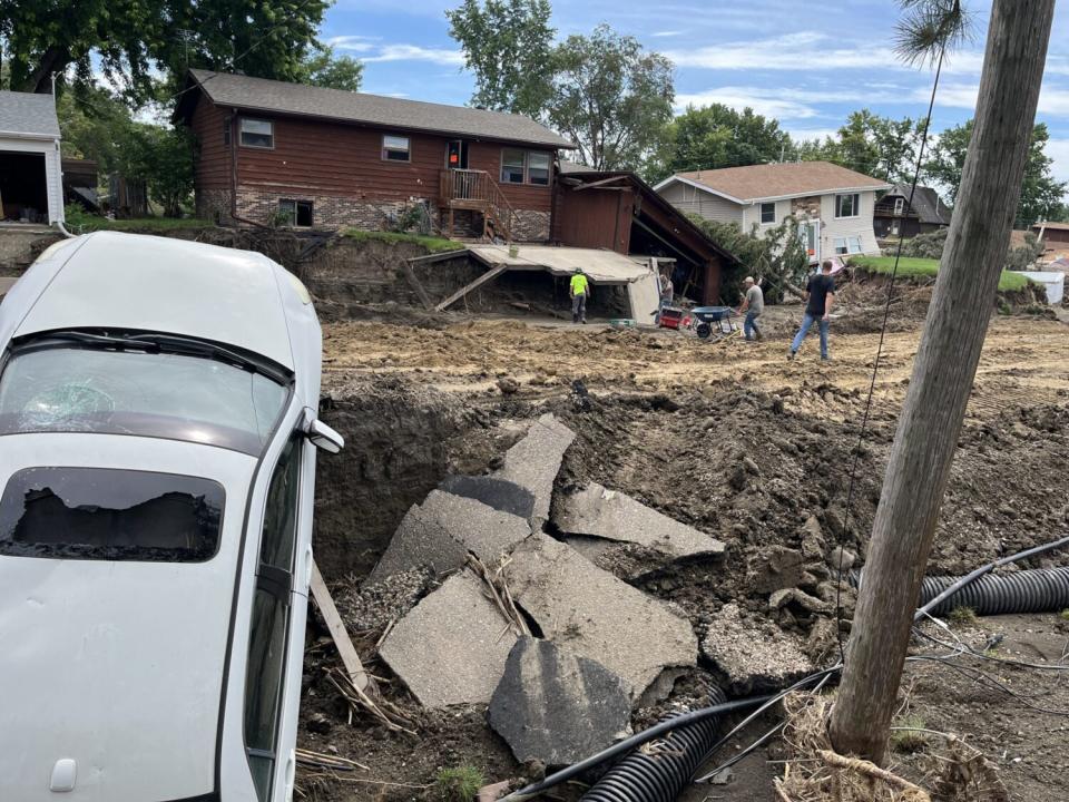 Damages remain visible in the McCook Lake community on July 3, 2024, after a massive flood hit the area on June 23. (Joshua Haiar/South Dakota Searchlight)
