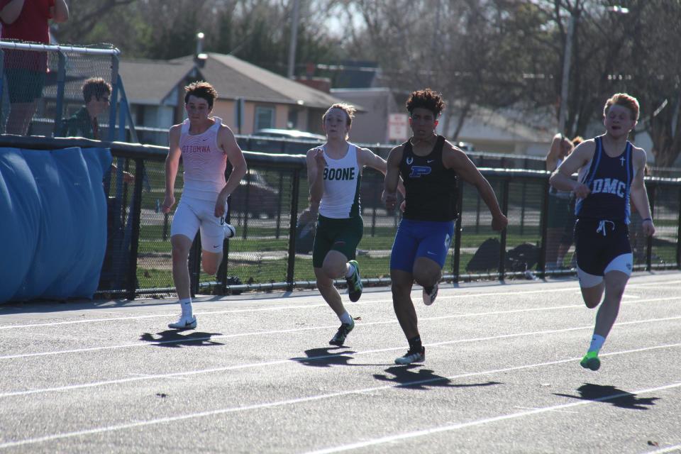 Perry's Renzo Saenz competes in the 100-meter dash during the Davis Relays on Thursday, April 13, 2023, at Jim Kaufman Memorial Track in Perry.