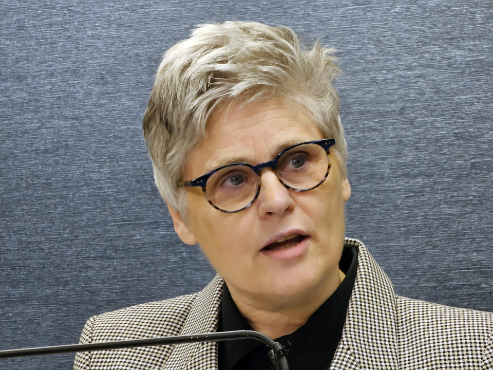 Hennepin County Attorney Mary Moriarty speaks at a news conference on Monday, June 3, 2024, in Minneapolis, on her decision to dismiss the politically heated case of a Minnesota state trooper who shot a motorist to death. She said she dropped the charges because she no longer thought she could win a conviction against Trooper Ryan Londregan, who killed Ricky Cobb II as he tried to pull away from a traffic stop July 31. (AP Photo/Steve Karnowski)