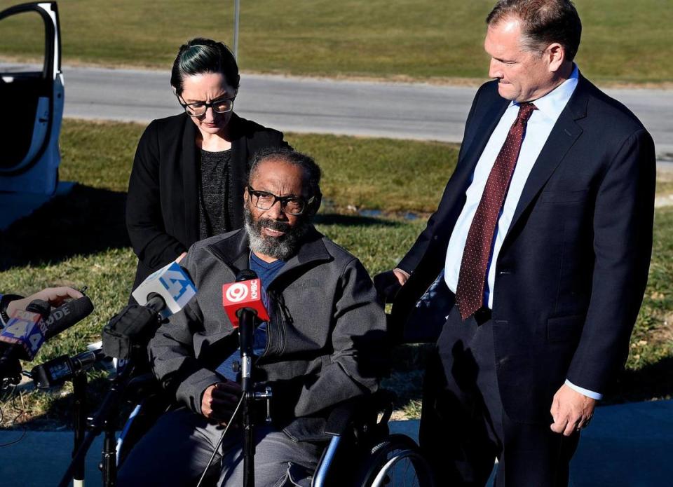 Kevin Strickland spoke to the media after his release Tuesday from prison in Cameron, Mo. A judge on Tuesday granted Jackson County prosecutors’ motion to exonerate Kevin Strickland in a 1978 triple murder and ordered his immediate release, confirming that Strickland suffered one of the longest wrongful convictions in U.S. history. Judge James Welsh, a retired appeals court judge, granted the motion filed by Prosecutor Jean Peters Baker — the first of its kind under a new Missouri law — that sought to exonerate Strickland, now 62. Since he was sentenced to prison in June 1979, Strickland has spent more than 42 years and 4 months behind bars — or 15,487 days.