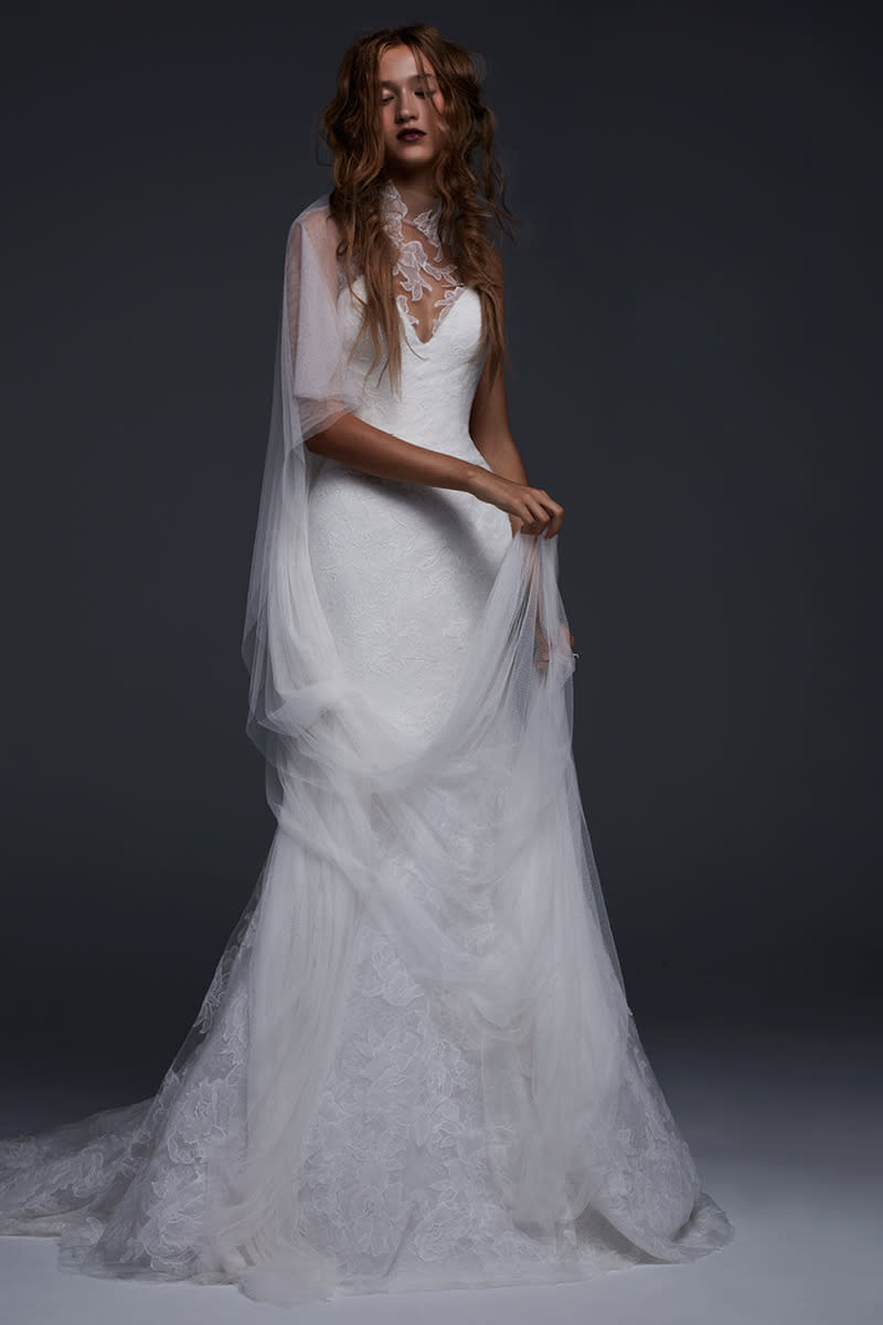 <p>The delicate framing of the neckline is ethereal on this gown, whose silhouette is hauntingly beautiful, with its light draping. </p><p><i>(Photo: Courtesy of Vera Wang) </i></p>