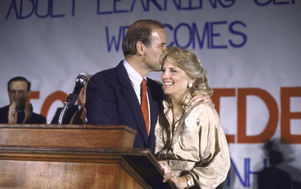 Joe and Jill Biden celebrate after Joe announces his candidacy for the Democratic presidential nomination, 1987.