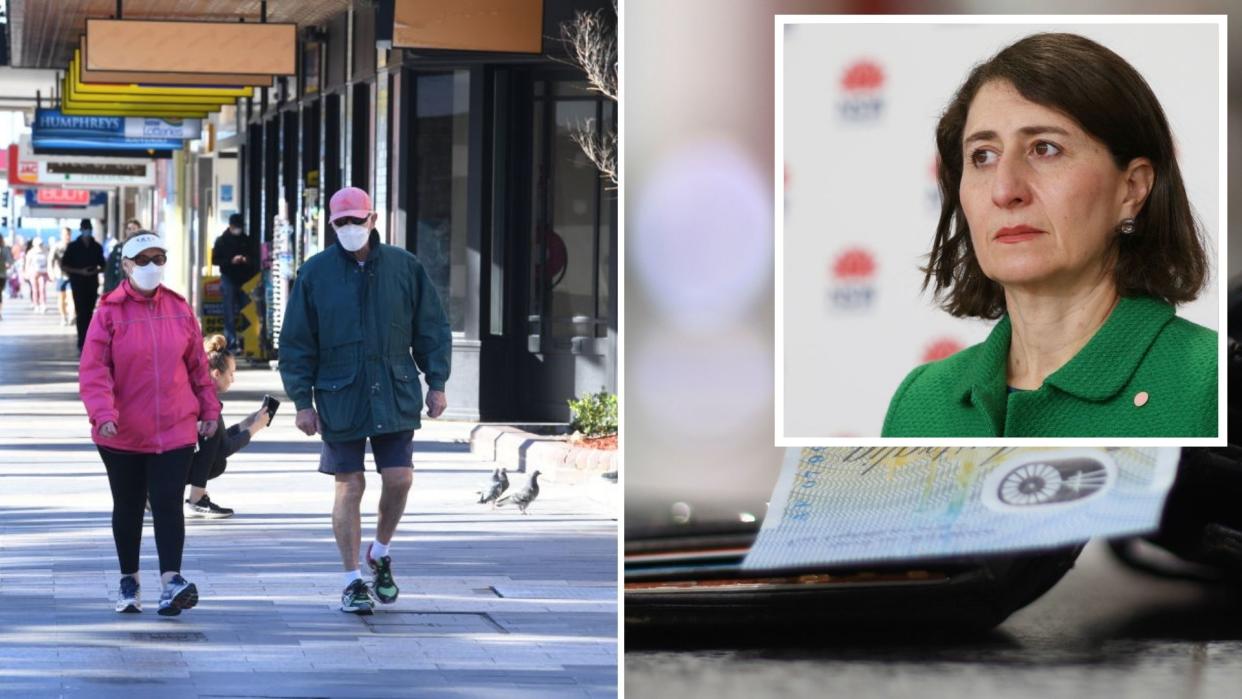 Pedestrians wearing masks in Sydney, NSW Premier Gladys Berejiklian at COVID-19 press conference, wallet with Australian cash. 